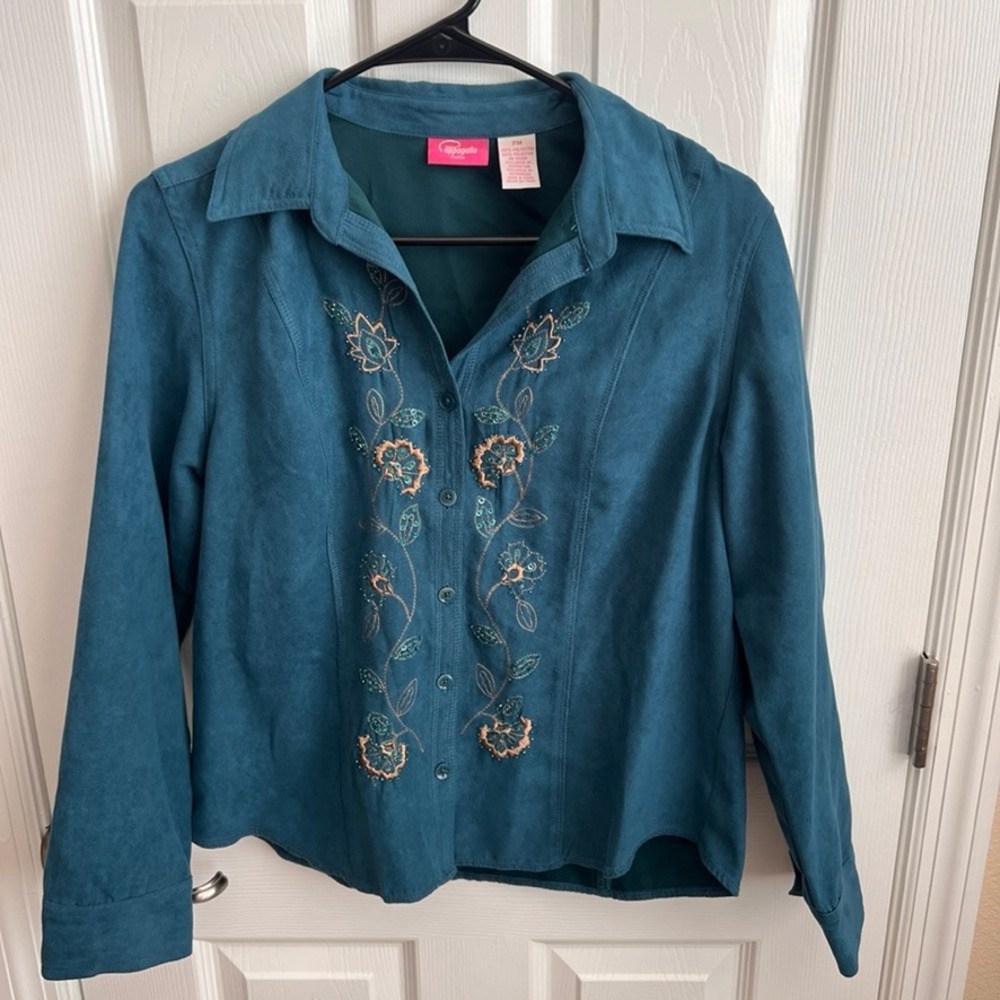 Cappagallo Embroidered Faux Suede Button Down Top Teal Blue Petite‎ Medium